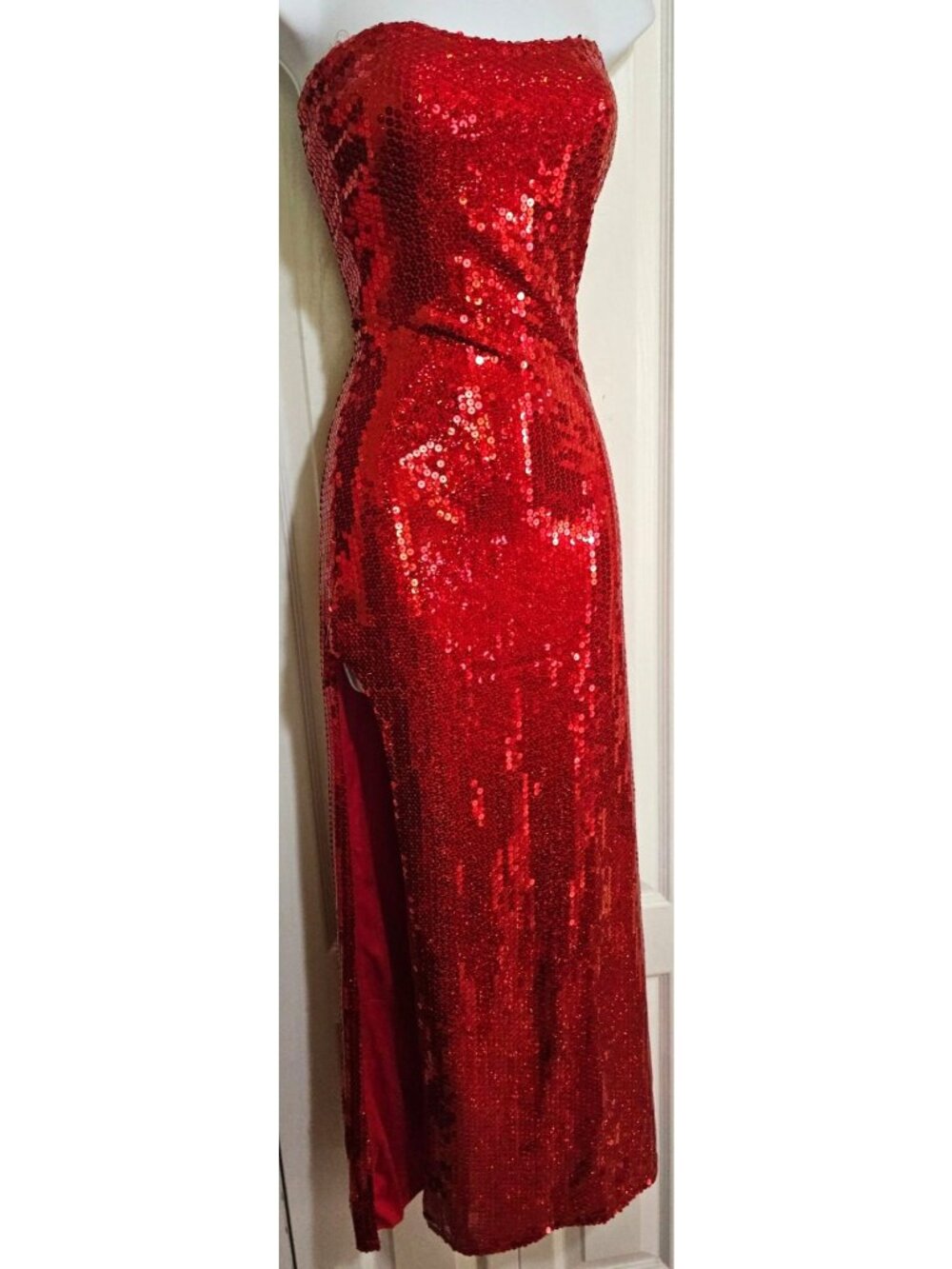 Red Sequin Costume Gown Jessica Rabbit Dress Sweetheart Neckline Slit Women MED
